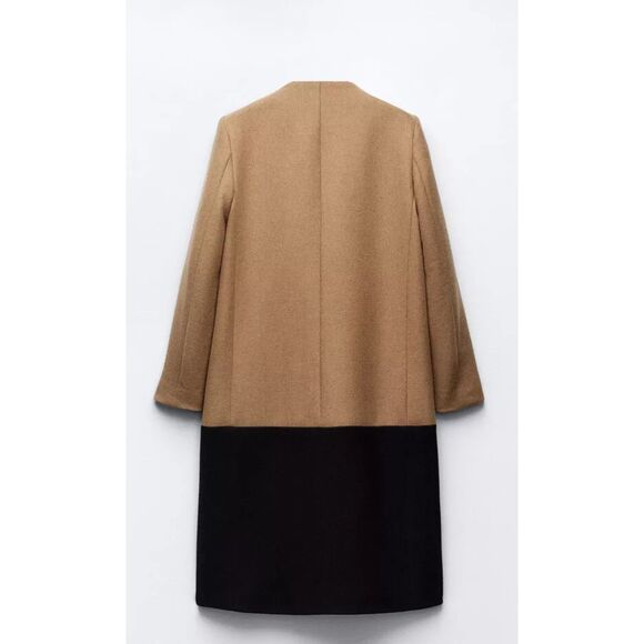 Camel Brown Black Zara Wool-Blend Double Breasted V-Neck Long Sleeve Coat (NWT) - Picture 2 of 11